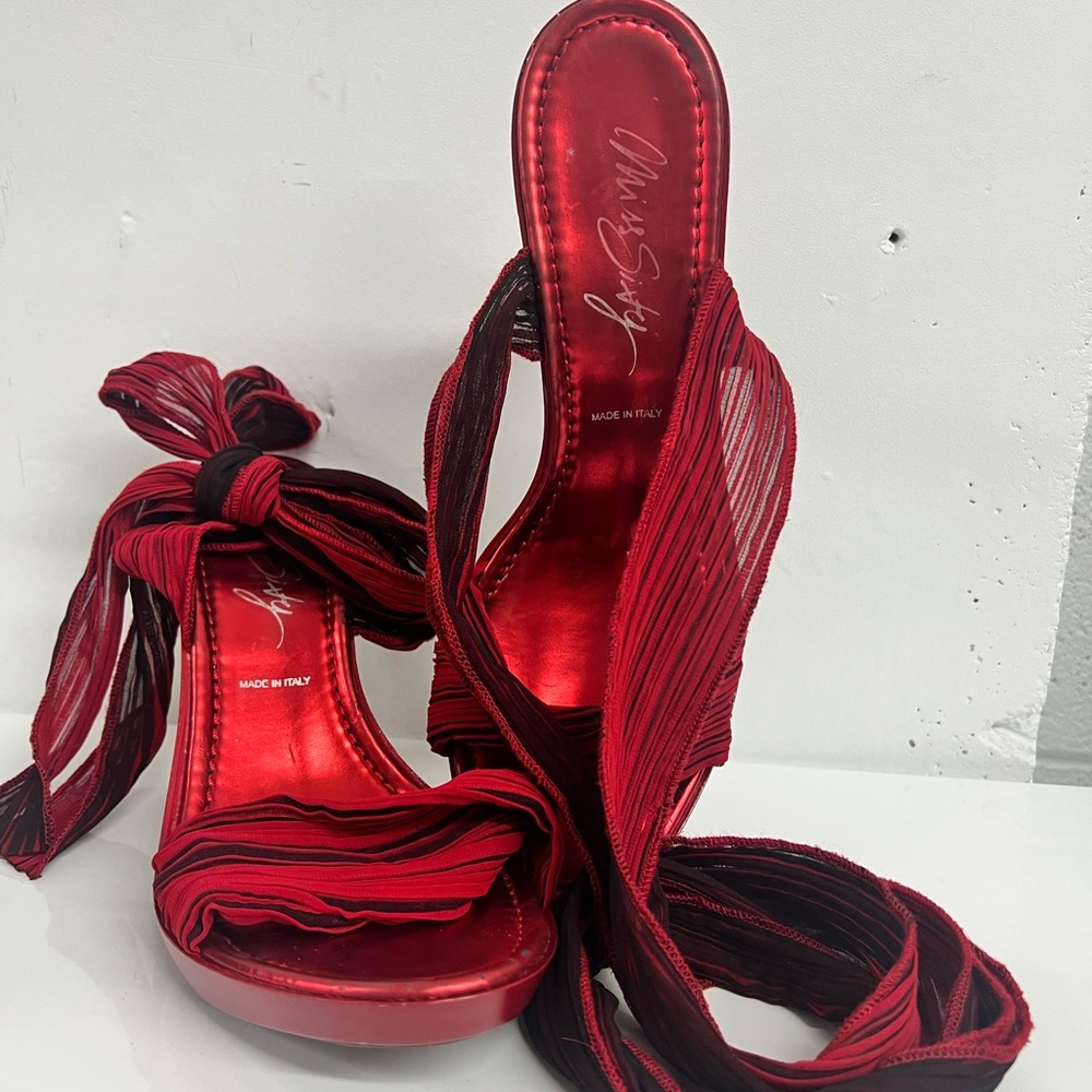 Miss Sixty Red Stiletto Heels with red and black organza ribbons. Worn once